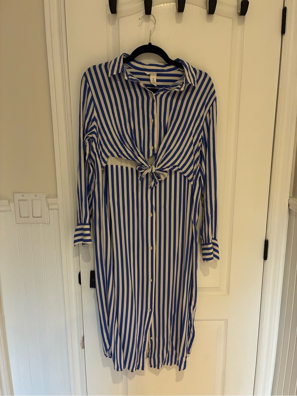Maternity - Blue and White Striped Button-Front Shirt Dress